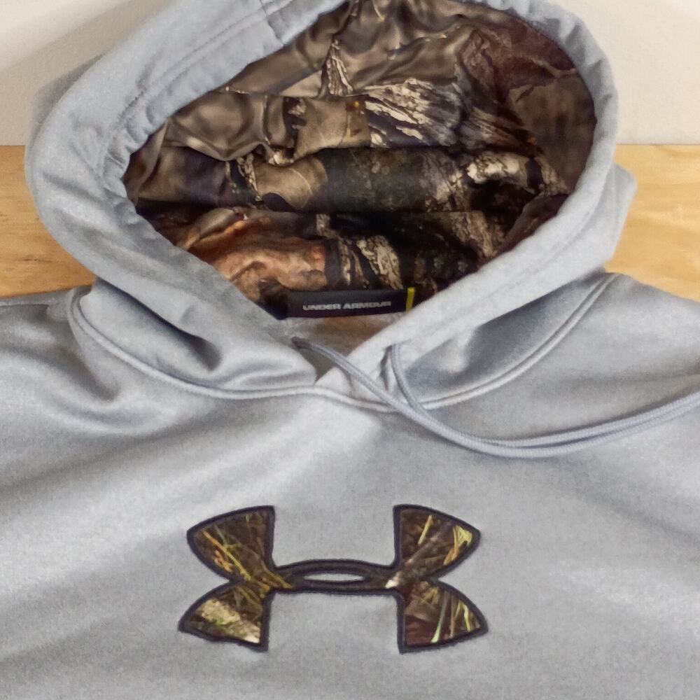 Under Armour Hoodie Mens 2XL XXL Grey Camo Big Logo ColdGear Pullover Sweatshirt